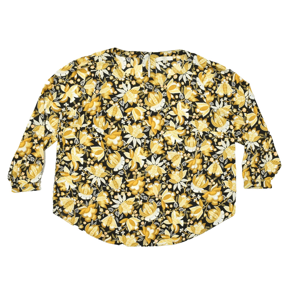 LOFT PLUS Women's Size 22 Yellow Floral Long Sleeve Blouse Black Mustard Keyhole